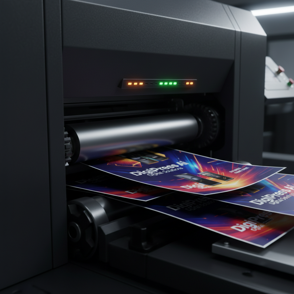 A dramatic close-up of a high-speed digital press capturing the split-second moment as AI-generated image-heavy flyers exit the machine. The flyers feature vibrant gradients, sharp product mockups, and layered typography in bold reds, purples, and metallic accents. The press is constructed of matte-black panels and brushed metal rollers, with tiny status LEDs glowing green and amber along the side. Directional, cool-white industrial lighting rakes across the metal, creating strong highlights and precise shadows that emphasize mechanical detail. Photographic realism with a slight motion blur on the emerging sheets conveys speed while keeping the printed graphics legible. Shot from a low three-quarter angle, the mood is powerful, energetic, and production-focused, highlighting DigiPress Ai Digital Solutions’ ability to translate AI-driven designs into high-volume, premium physical media.