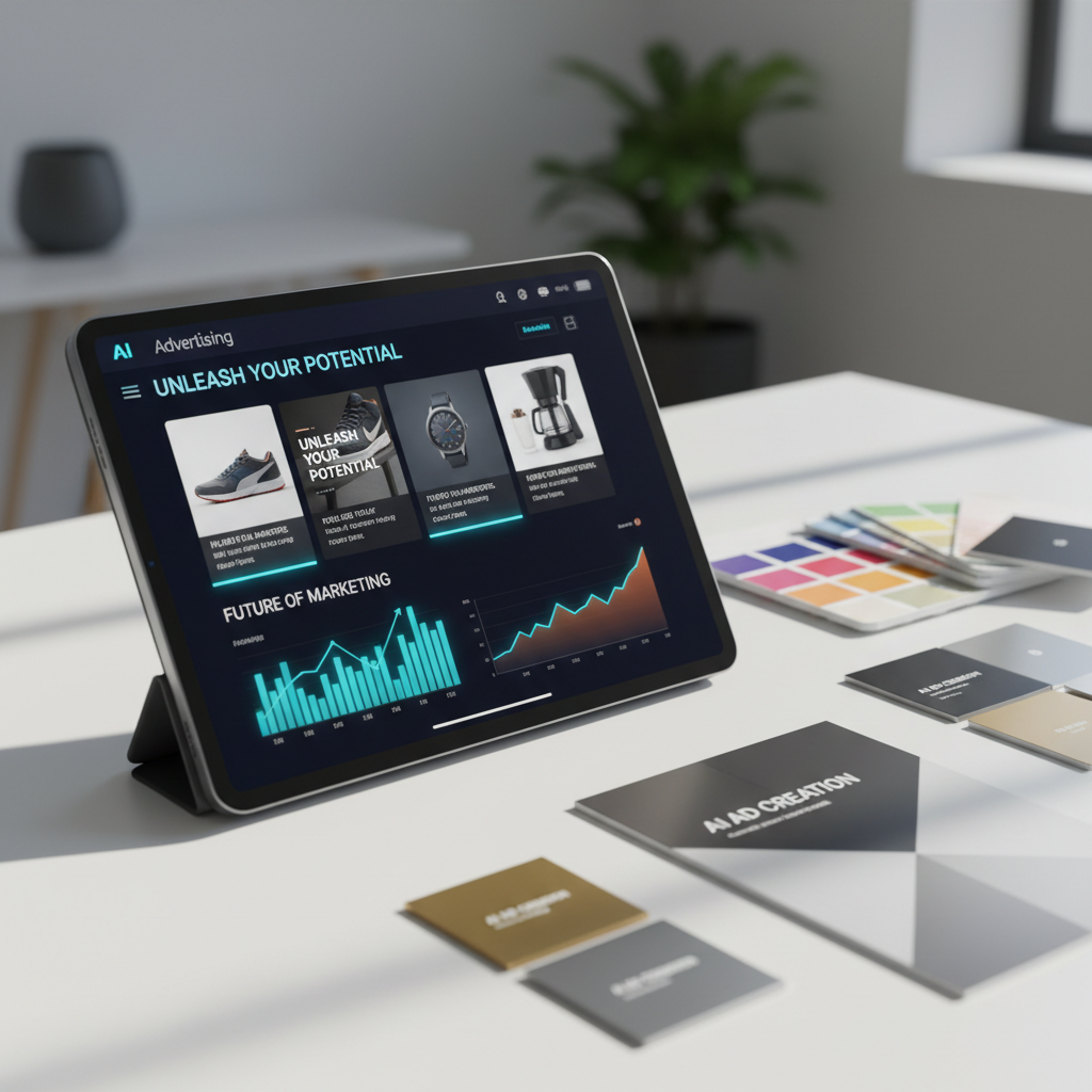 A close-up, photographic realistic scene of a high-end tablet lying on a clean white desk, its screen displaying a sophisticated AI dashboard automatically generating ad variations: rotating product images, bold headlines, and performance graphs in vivid neon blues and oranges. Beside the tablet, neatly arranged are color swatch cards, metallic print samples, and a glossy brochure mockup. Diffused daylight from a nearby window washes over the surface, creating soft, natural highlights on the tablet’s beveled edges and faint shadows under the printed materials. Captured from a slightly elevated angle with shallow depth of field, the tablet display is razor-sharp while the background dissolves into gentle bokeh. The atmosphere is focused, efficient, and innovative, perfectly aligning AI advertising with traditional design and printing.