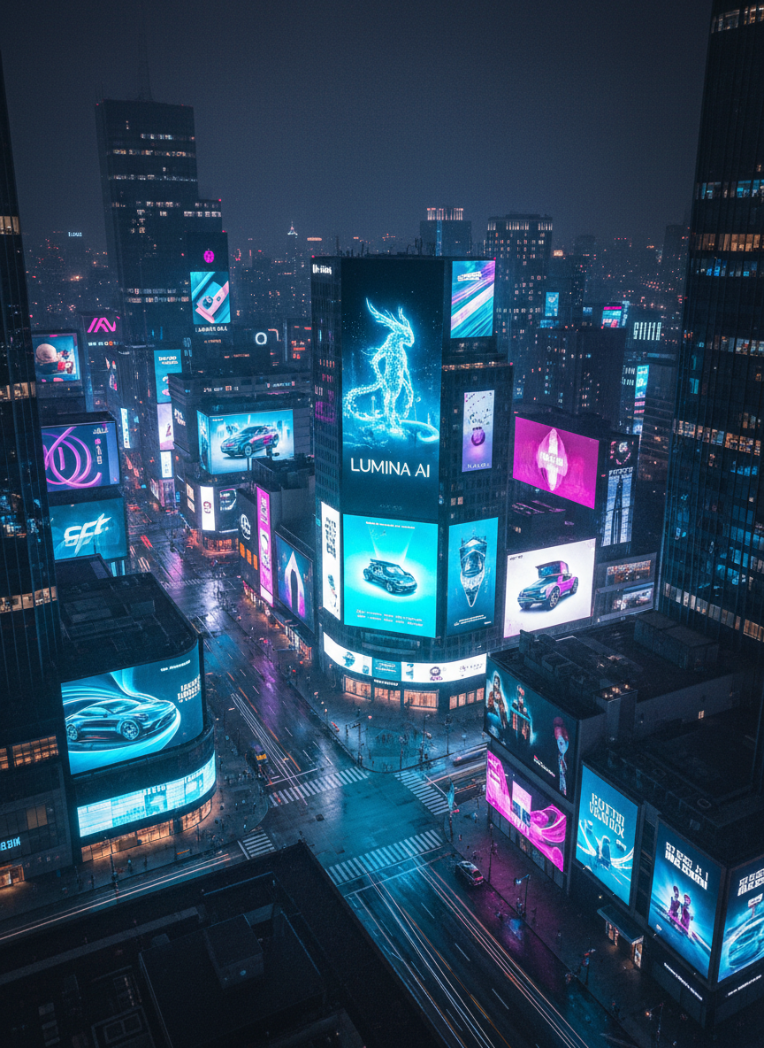 A nighttime cityscape viewed from above, with dozens of large digital billboards and building façades glowing with AI-generated ads. Each display shows different styles of promotional visuals: ultra-sharp product renders, animated geometric patterns, and bold branding compositions in saturated blues, pinks, and teals. The wet asphalt streets below reflect the colorful lights like a mirror, while the darker skyscrapers form a dramatic frame around the illuminated signage. A subtle artificial haze softens distant lights, enhancing depth. Captured in photographic realism with a wide-angle lens, the composition uses the rule of thirds to emphasize a central, towering billboard highlighting a striking AI-created campaign image. The atmosphere is energetic, futuristic, and dynamic, suggesting always-on, AI-driven advertising that dominates the urban night.