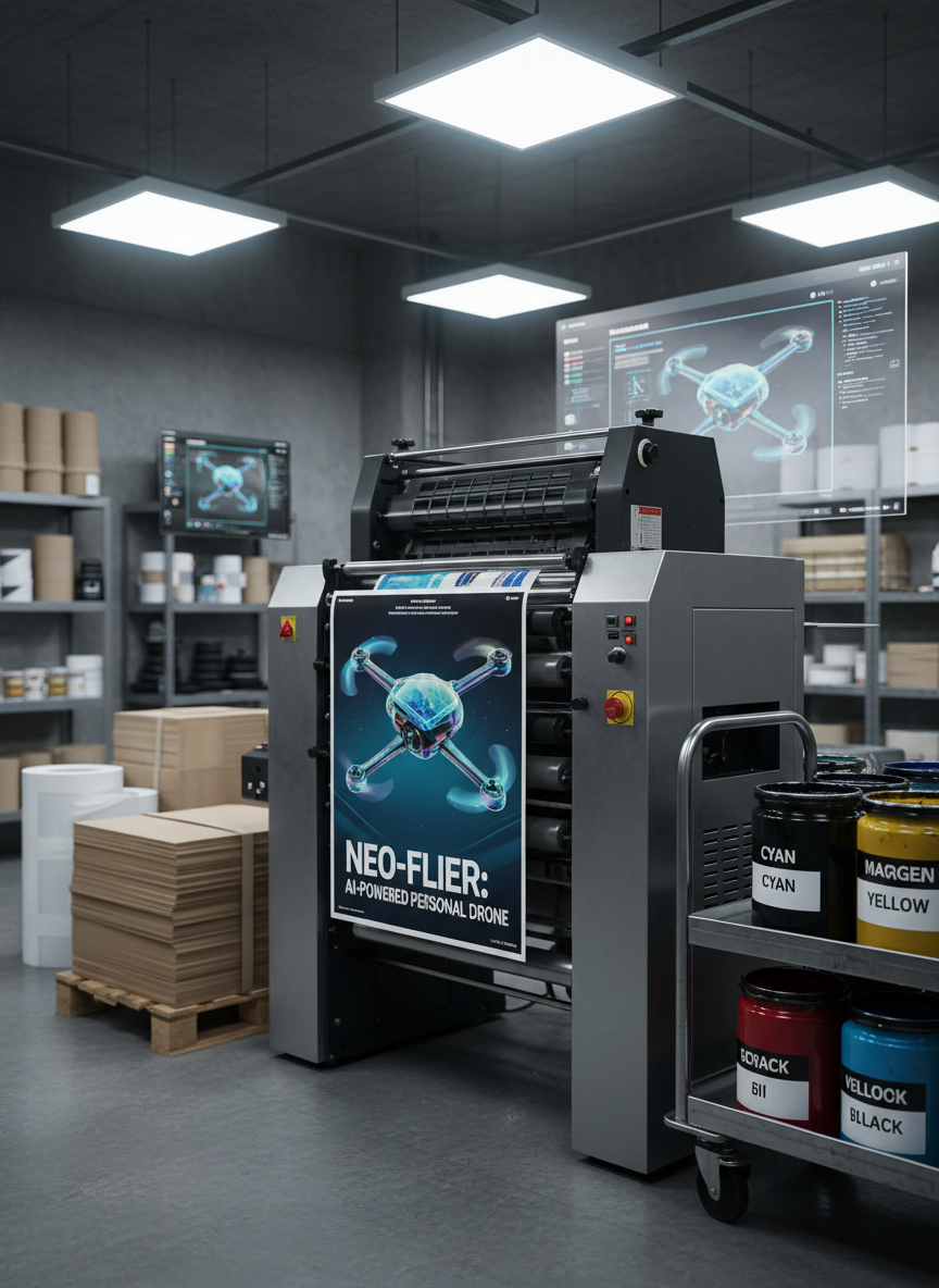 An elegant printing studio setup where a large, industrial-grade offset printer in brushed steel is actively producing full-color marketing posters designed by AI. The partially printed sheet emerging from the rollers shows a vivid, futuristic product ad with crystal-clear imagery and bold typography. Surrounding the printer are stacks of heavy matte paper, ink canisters with rich cyan, magenta, yellow, and black pigments, and a wall-mounted display showing an AI interface finalizing layouts. Overhead, bright but balanced white studio lighting illuminates every surface with minimal shadows, emphasizing detail and precision. Shot from a three-quarter angle, the printer dominates the foreground while the background equipment is softly out of focus. The mood is precise, technical, and trustworthy, blending digital intelligence with tangible print craftsmanship in photographic realism.