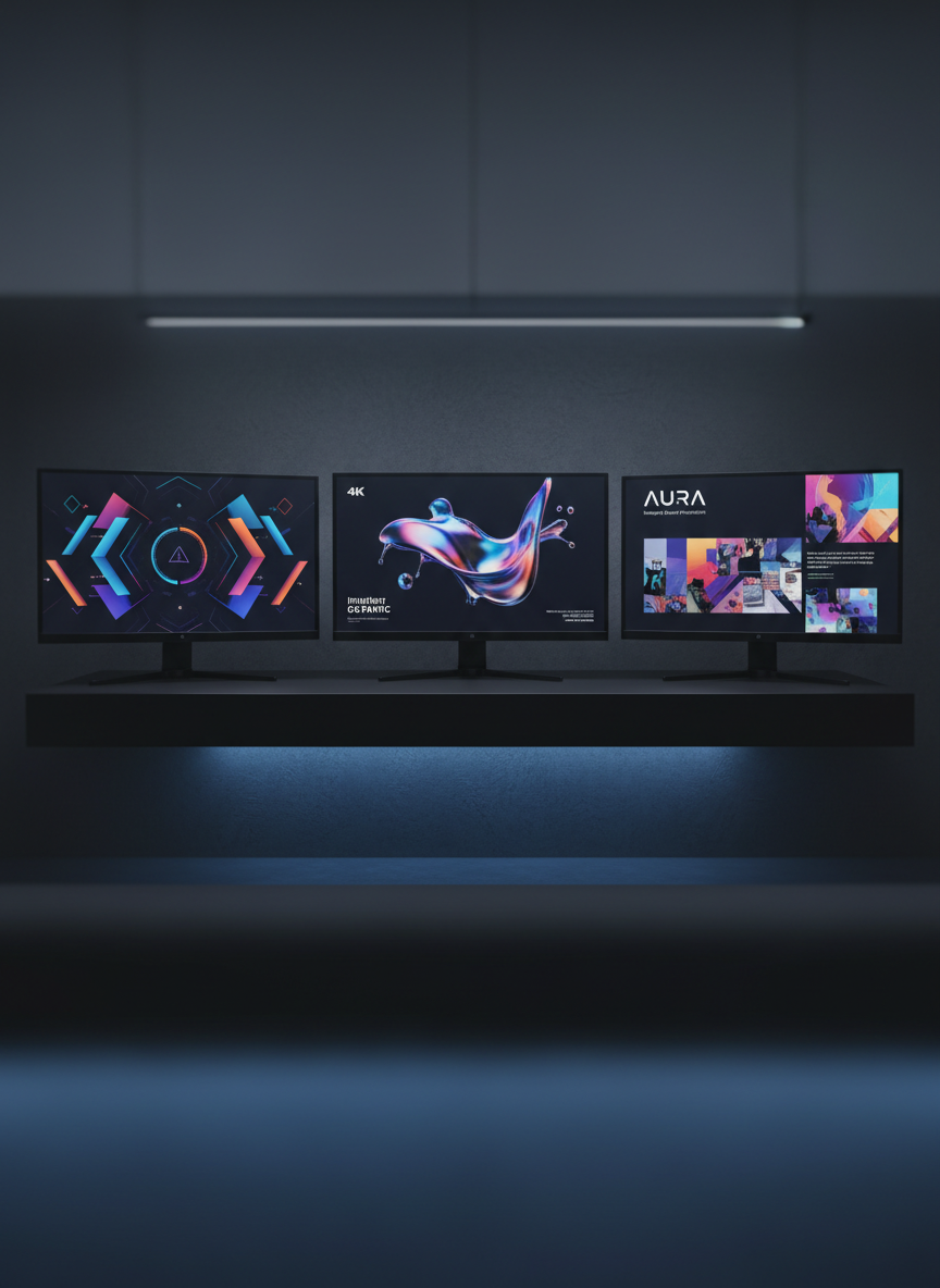 A sleek, ultra-modern digital workspace featuring three large, frameless 4K monitors displaying vibrant AI-generated advertising visuals: abstract product renders, dynamic motion graphics, and colorful campaign layouts. The screens sit on a matte-black floating desk with subtle LED backlighting that glows electric blue against a dark charcoal wall. Soft, cool studio lighting from above creates crisp reflections on the monitor glass and gentle shadows under the desk, emphasizing clean lines. Shot at eye level with a slight wide-angle lens, the composition keeps the central monitor in sharp focus while the edges fall into a soft blur. The mood is professional, high-tech, and visionary, showcasing the power of AI-driven brand promotion in photographic realism.