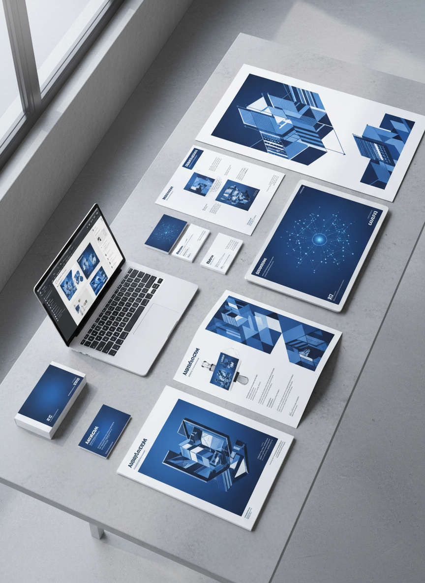A minimalist, high-tech brand strategy table where printed campaign boards and digital devices are perfectly arranged to show the full pipeline from AI-generated concepts to final print. On a smooth, light-gray concrete tabletop lie oversized, high-resolution poster proofs, glossy business cards, and a folded brochure, all featuring the same cohesive visual identity in deep cobalt blue and sharp white. A slim laptop and a large tablet display AI tools rendering alternate ad layouts in real time. Soft, indirect daylight from a large side window creates a clean, shadow-light gradient across the table, with subtle reflections on the coated paper. Photographic realism, shot from directly above in a flat-lay composition, delivers a calm, organized, and professional mood, underscoring seamless integration of AI visuals, graphic design, and offset printing.